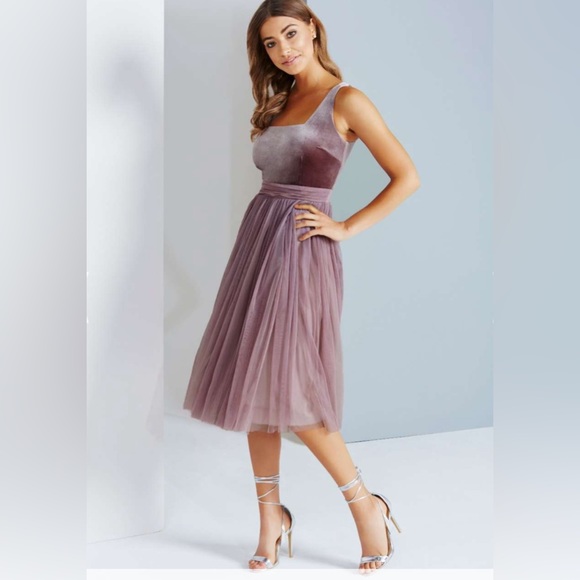 Little Mistress Tall Velvet Top Mini Skater Dress With Tulle Skirt - Picture 2 of 11